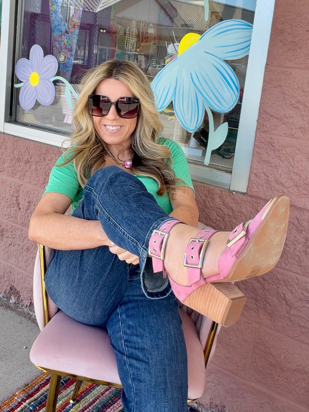 Pink Hendrix Buckle Block-Heel Sandals with Wooden-Look Heel